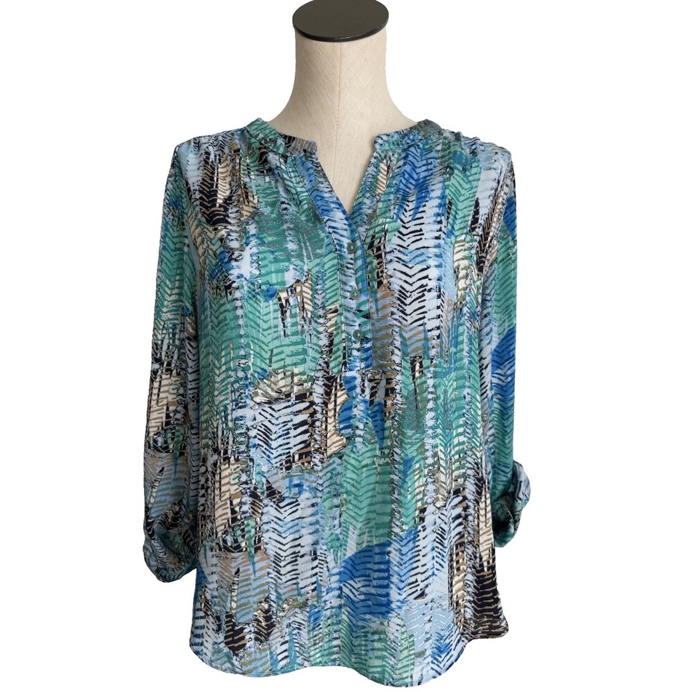 Zac & Rachel Blue & Green Top Split V-Neck Blouse Roll Tab Sleeve Large Petite